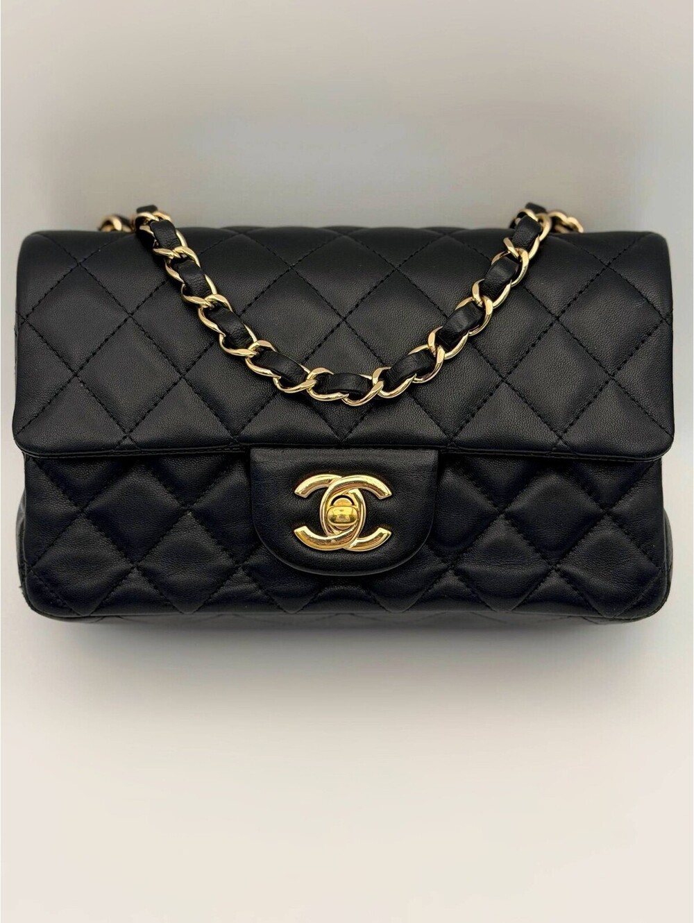 Chanel Lambskin Quilted Rectangular Black Gold Hardware